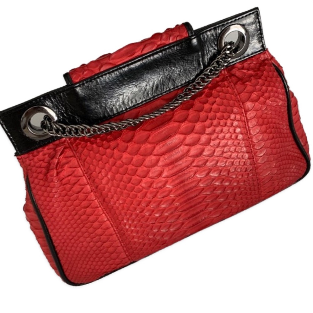 Genuine Exotic Leather And Python Chain Purse Fla… - image 2